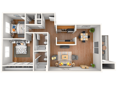 A 3D floor plan of a house showing a kitchen, living room, and two bedrooms.